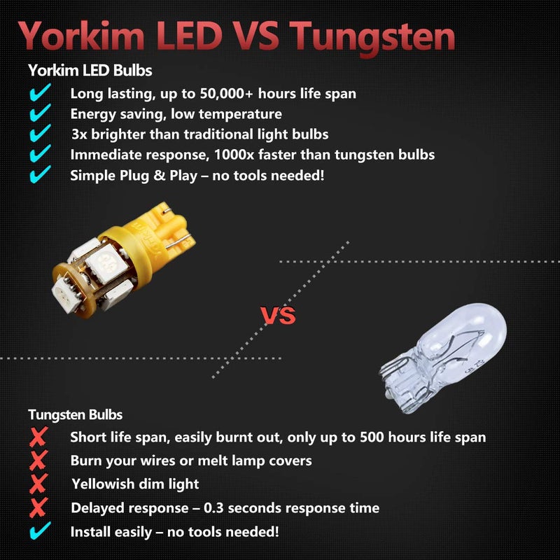 Yorkim مصابيح يوركيم 194 LED أمبر فائقة السطوع الجيل الخامس، مصباح LED T10 168، مصابيح W5W لإضاءة داخلية السيارة، إضاءة خريطة، إضاءة باب، إضاءة ترخيص W5W 2825، عبوة من 10 - Image 4